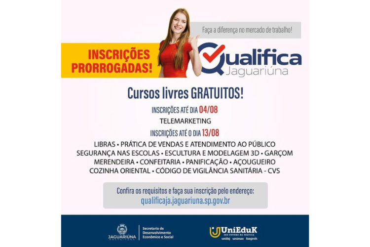 Notícia: PREFEITURA PRORROGA INSCRIÇÕES PARA CURSOS LIVRES GRATUITOS DO QUALIFICA JAGUARIUNA